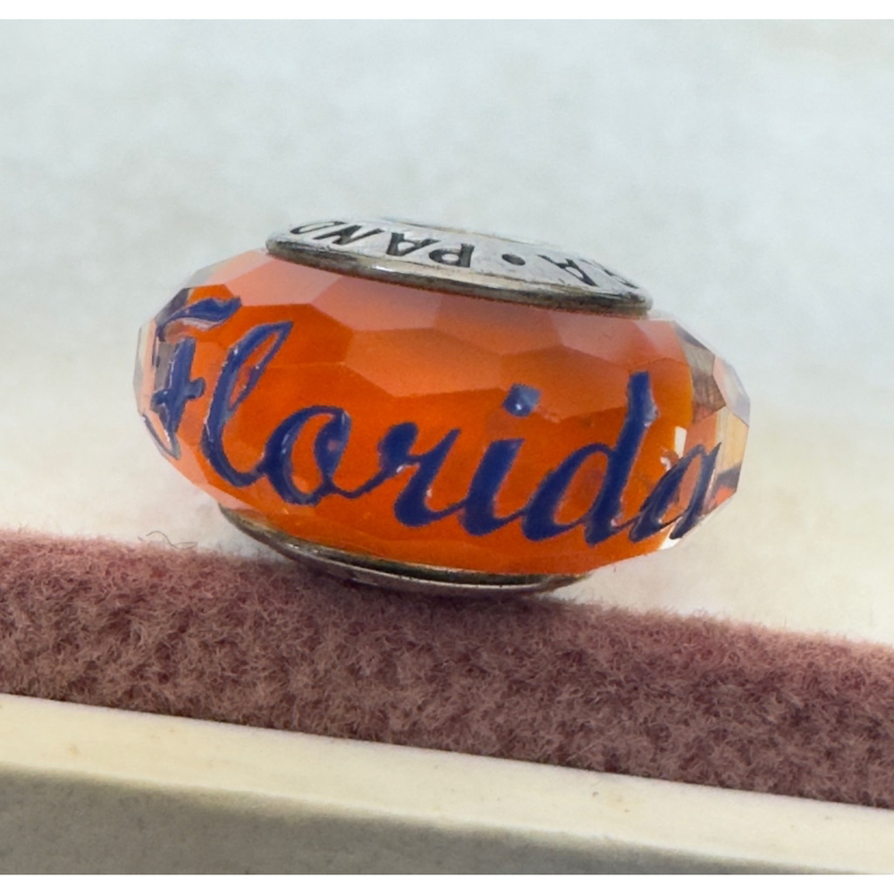 Pandora Orange Faceted “Florida” Blue engraved Murano Glass Charm